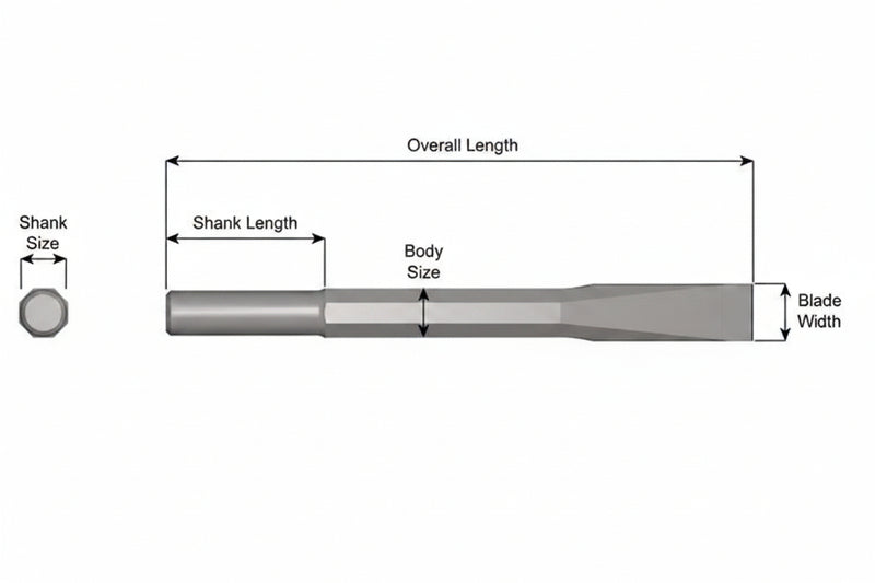 Cincel Plano Sin Collar — Vástago Redondo .680", Hoja 1", 9" (229 mm)