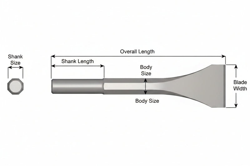 Cincel Descascarador Sin Collar — Vástago Redondo .680", Hoja 2", 18" (457 mm)