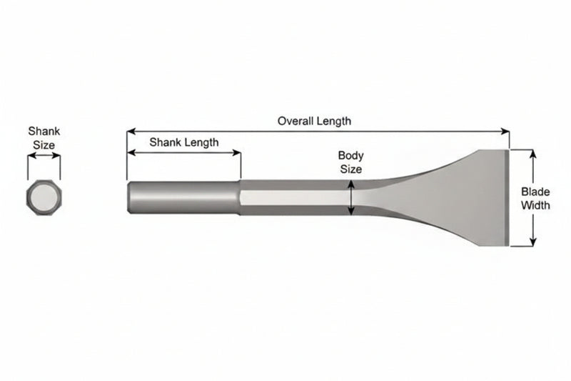 Cincel Descascarador Sin Collar — Vástago Redondo .680", Hoja 2", 9" (229 mm)