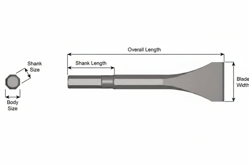 Cincel Descascarador Sin Collar — Vástago Hex .580", Hoja 2", 18" (457 mm)