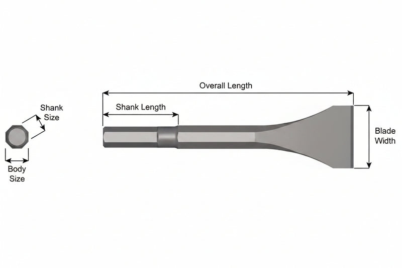 Cincel Descascarador Sin Collar — Vástago Hex .580", Hoja 2", 9" (229 mm)