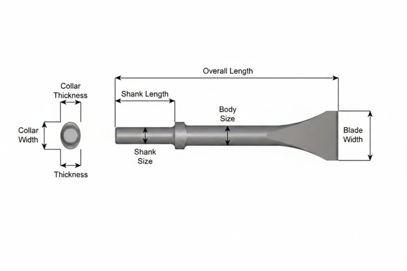 Cincel Descascarador 3" Collar Oval — Vástago Redondo .680", Hoja 3", 12" (305 mm)