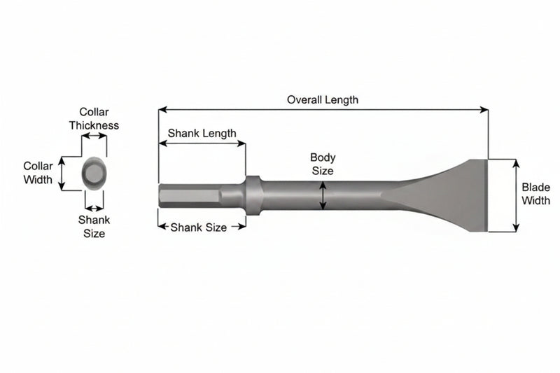 Cincel Descascarador 2" Collar Oval — Vástago Hexagonal .580", Hoja 2", 48" (1219 mm)