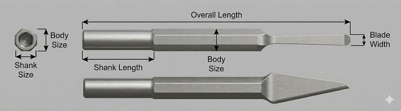 Cincel Nariz Redonda Sin Collar — Vástago Redondo .680", Punta 3/8", 9" (229 mm)