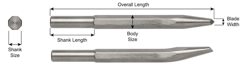 Cincel Punta de Diamante Sin Collar — Vástago Redondo .680", Punta 5/16", 9" (229 mm)