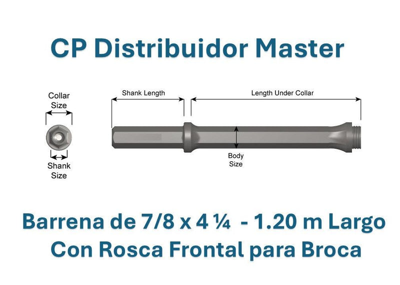 Barra de Perforación 7/8" x 1.20 M con Vástago de 7/8" x 4-1/4"Barrena con rosca frontal para broca 64260