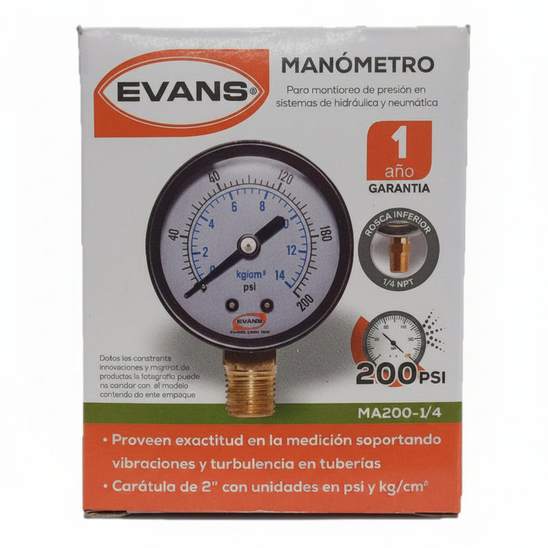 Manometro Evans de 200 PSI para Compresor | Medidor de Presion de Alta Precision con Conexion Inferior