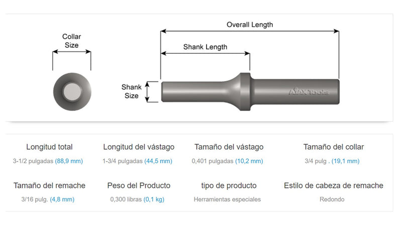 Suaje O Buterola 3/16 Para vastago remache redondo Modificado, 0.401 PuLG 1604