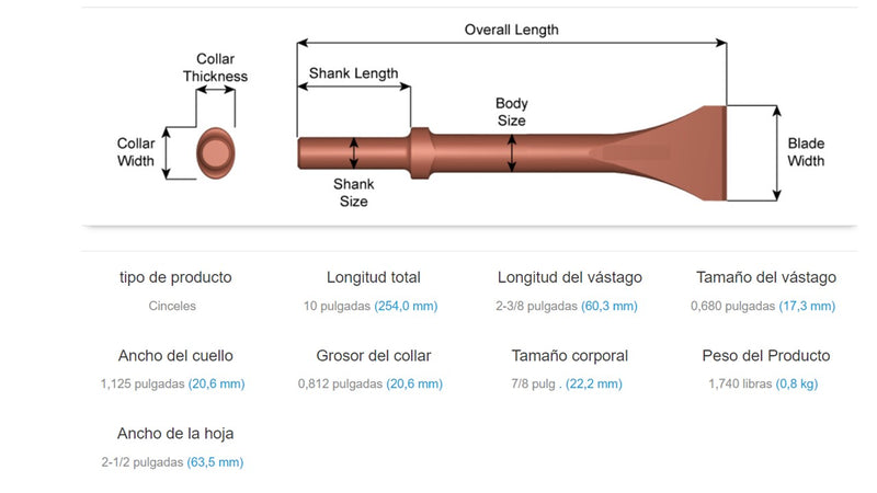Cincel Antichispa Para Cinceladora Neumática 0.680 PuLG  323_AC