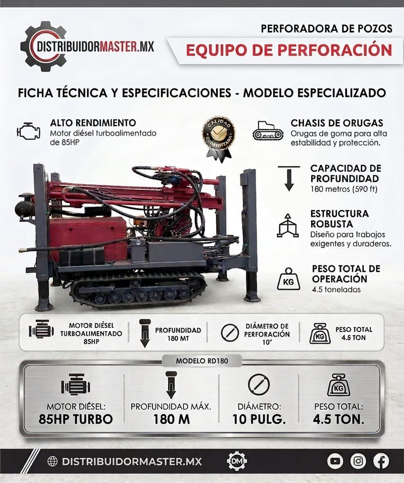 Perforadora de Pozos sobre Orugas con Motor Diésel Turbo 85 HP, 180 m de Profundidad (RD180P)