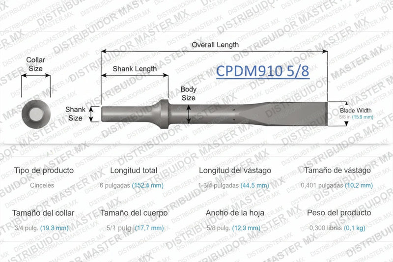 Cincel plano 910-5/8  de 7 in  177.8 mm 5/8 in 15.9 mm Blade Width; .498 Turn Type Shank