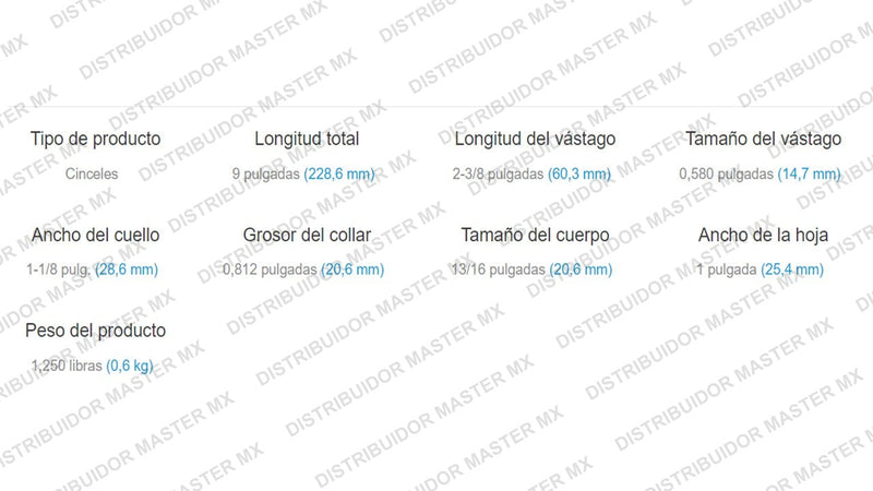 Cincel  plano 304 Vástago .580 Hexagonal Cuello Oval De 9 PuLG Para Cincelador