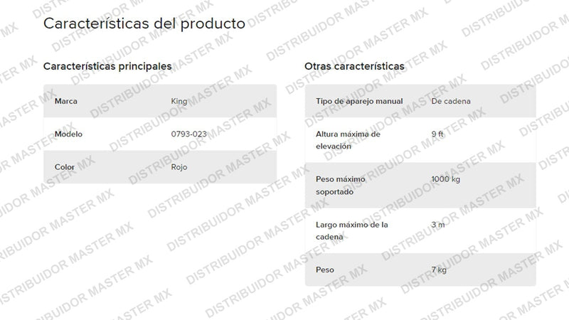 Polipasto Garrucha Manual de 1 Tonelada Con Cadena De 3 Metros