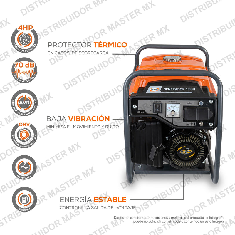 Generador de Emergencia Monofásico 1,500 W | Motor Thunder 4 HP a Gasolina | EVANS