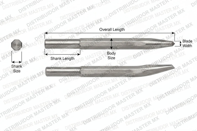 Ajax Tools 43 — Cincel Punta de Diamante Sin Collar, Vástago Redondo .680", Punta 5/16", 9" (229 mm)