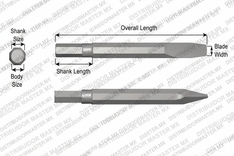 Ajax Tools 44 — Cincel Punta de Diamante Sin Collar, Vástago Hex .580", Punta 5/16", 9" (229 mm)