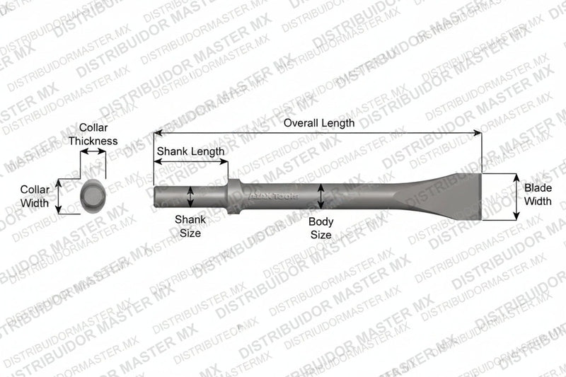 Ajax Tools 325 — Cincel Descascarador 1-1/2" Collar Oval, Vástago Redondo .680", Hoja 1-1/2", 9" (229 mm)