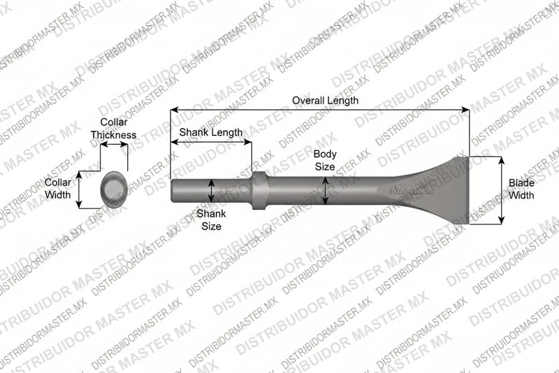 Ajax Tools 323-72 — Cincel Descascarador 2" Collar Oval, Vástago Redondo .680", Hoja 2", 72" (1829 mm)