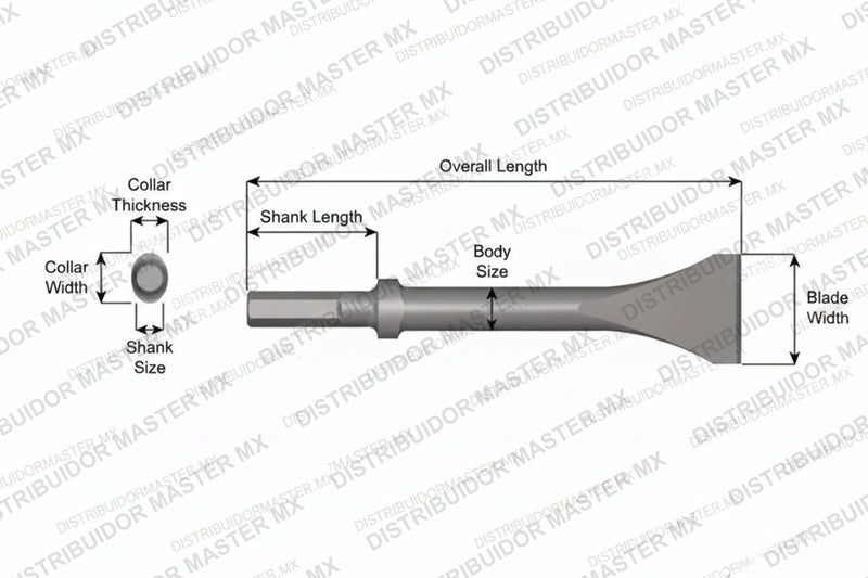 Ajax Tools 324-72 — Cincel Descascarador 2" Collar Oval, Vástago Hexagonal .580", Hoja 2", 72" (1829 mm)