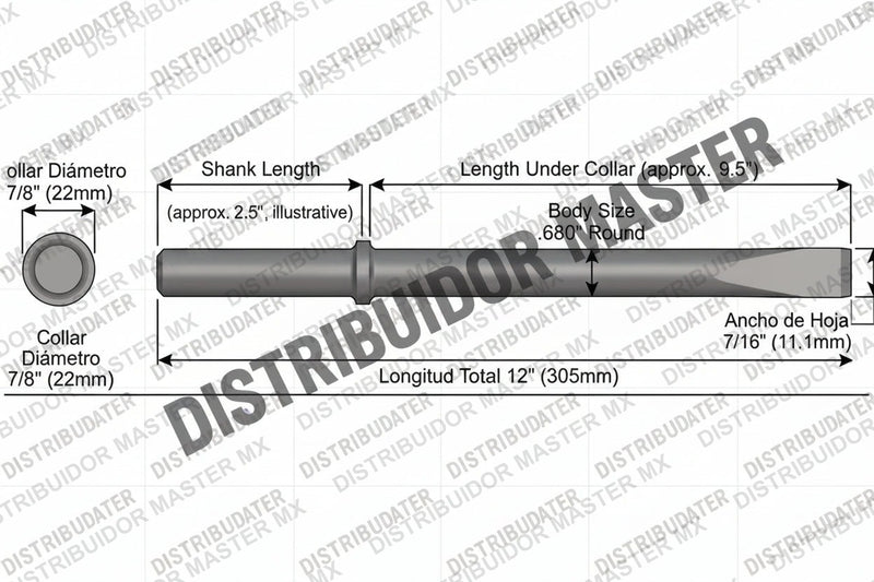 Ajax Tools 421-12 — Cincel de Capa 7/16" Collar Redondo, Vástago .680" Redondo, 12" (305 mm)