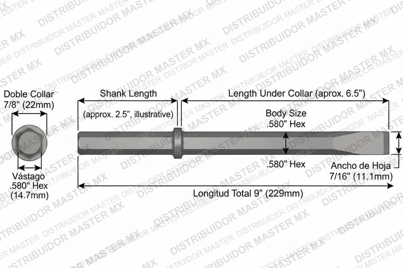 Ajax Tools 422 — Cincel de Capa 7/16" Collar Redondo, Vástago .580" Hex, 9" (229 mm)