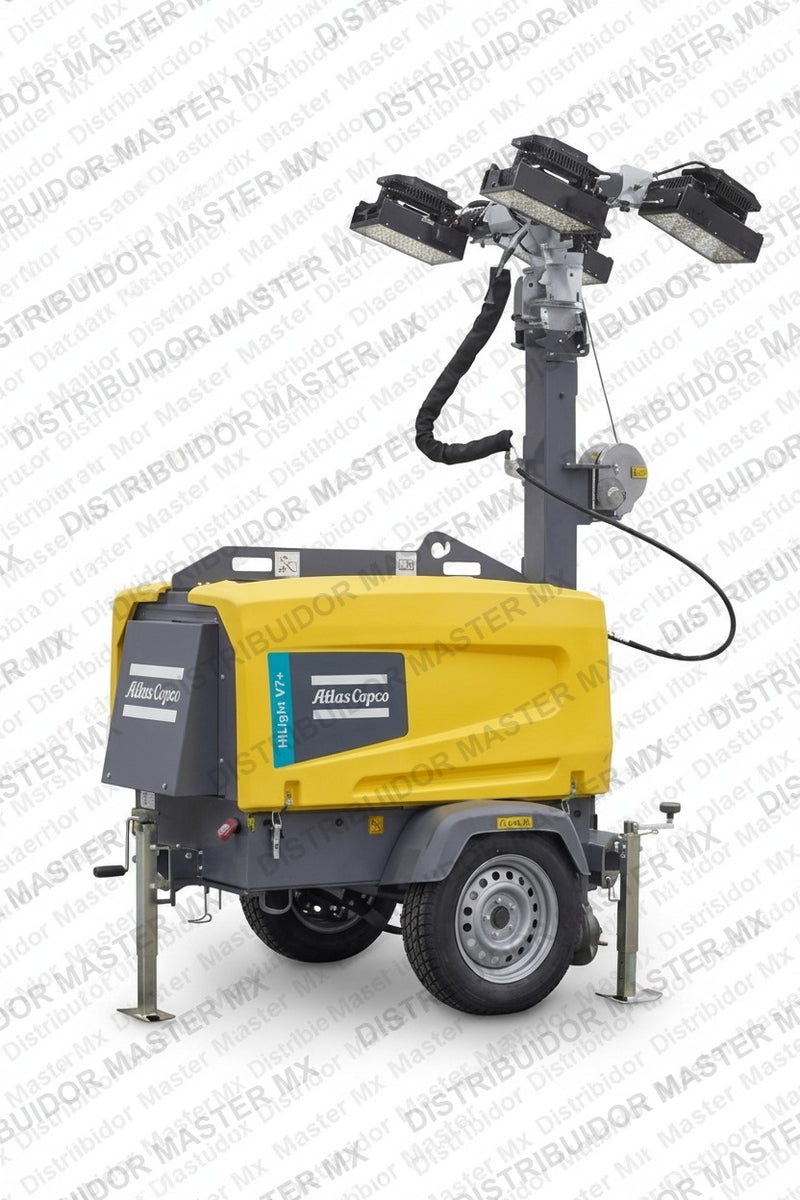 Torre de Iluminación LED | 4 x 350 W SMD | Mástil 7.5 m | 210,000 Lúmenes | Autonomía 105 h | Atlas Copco HiLight V7+